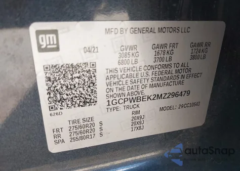 2021 Chevrolet Silverado 1500 2Wd Short Bed Custom z USA, uszkodzony, nr VIN 1GCPWBEK2MZ296479